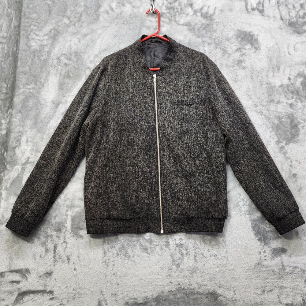 TOPMAN Jacket Mens L Gray Textured Knit Full Zip Bomber Preppy Office Outerwear